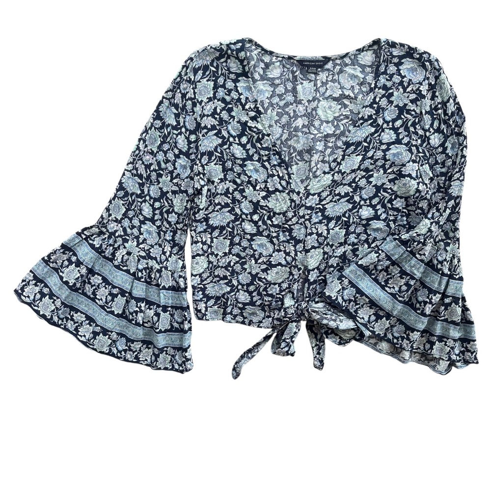 American Eagle Women's S Blue Teal Floral Tie Front Bell Sleeve Crop Blouse Boho